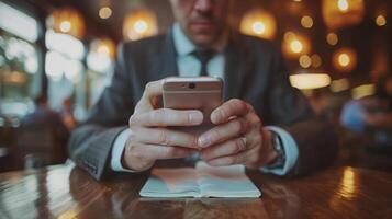 A man sitting at a table, using a cell phone photo
