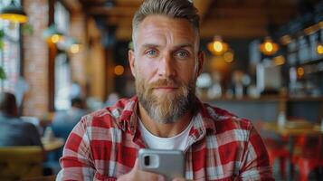 Bearded man staring at mobile device screen photo
