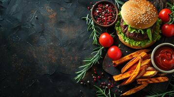 A hamburger and french fries topped with ketchup and tomatoes photo