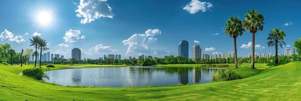 A scenic golf course with a lake and palm trees on a sunny day photo