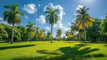 Vibrant green field with tall palm trees under a sunny sky photo