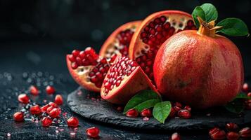 Two red pomegranates with green leaves arranged on a dark black background photo