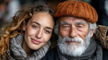 un hombre y mujer estar juntos, posando para un fotografía foto