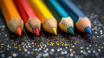 Colored pencils neatly arranged in a row on a wooden table photo