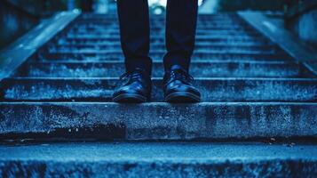 A person standing on a set of stairs photo