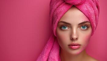 A woman standing with a pink towel wrapped around her head photo