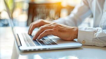 A persons hands typing on a laptop keyboard up close photo