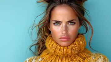 A woman with long hair standing while wearing a yellow sweater photo