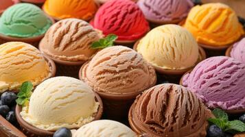 Tray holds various colored ice creams in different flavors and toppings photo