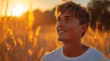 A young man stands amidst tall grass in a field photo