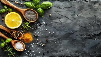 Assorted spices arranged on a wooden table photo