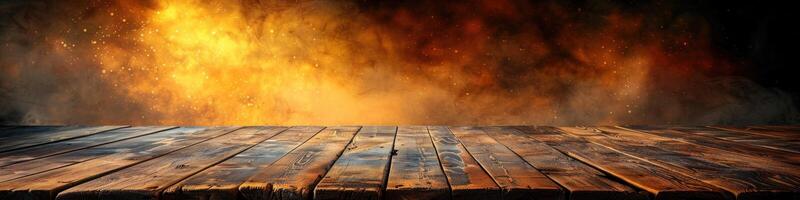 A wooden floor is engulfed in flames and smoke, creating a dangerous and destructive scene photo