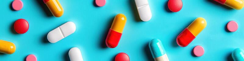 Several pills arranged on a blue table photo