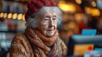 Senior lady with glasses using a credit card machine. photo