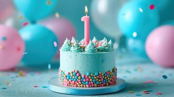 Blue frosted birthday cake with a single candle, surrounded by colorful balloons and confetti. photo