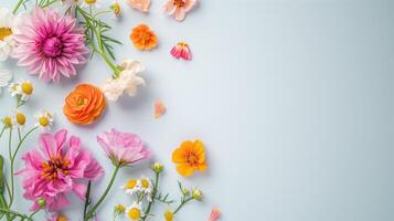 Vibrant Floral Arrangement on Pastel Blue. Top View ,Flat Lay. photo