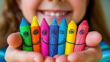 Child's hand holding smiling crayons with faces drawn on them. photo