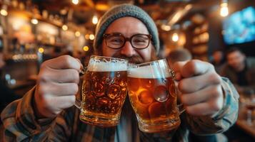 alegre hombre tostado con cerveza tazas a un simpático reunión. foto