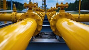 Industrial Yellow Gas Pipeline with Valves and Fittings. photo