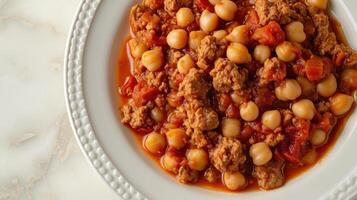 Hearty Chickpea and Ground Meat Tomato Stew on a White Plate. photo