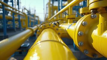 Close-up of a yellow gas pipeline with valves and flanges in an industrial setting. photo