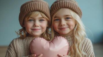 Smiling Blonde Twins Holding Heart Balloon at Home photo