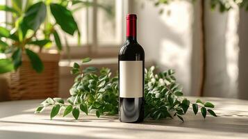 elegante rojo vino botella con blanco etiqueta Bosquejo rodeado por verdor en iluminado por el sol habitación. foto