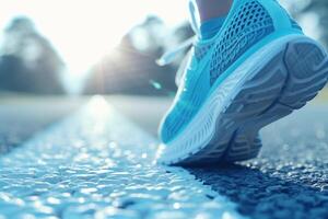 Close-up of blue running shoes on a track. photo