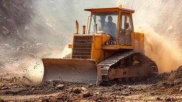 Bulldozer in Action at Construction Site Moving Earth and Dust. photo