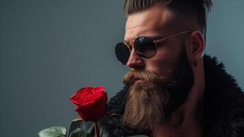 de moda hombre con barba participación un rojo Rosa. foto