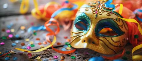 Exquisite Venetian Mask Amidst Carnival Celebrations. photo