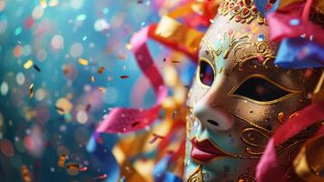 Extravagante veneciano carnaval máscara adornado con plumas y Brillantina en medio de festivo papel picado. foto
