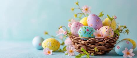 color pastel Pascua de Resurrección huevos adornado con flores en un cesta en azul antecedentes. foto