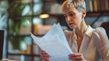 Focused professional examining documents in office setting. photo