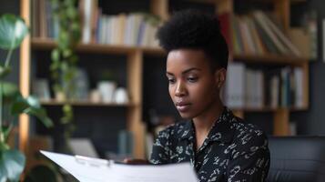 Concentrated African American Businesswoman Reviewing Documents. photo