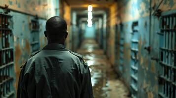 Solemn Correctional Officer Patrolling Prison Hallway. photo