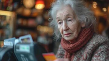 Senior lady with credit card, focused expression, in a cozy cafe atmosphere. photo