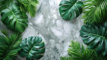 Elegant Tropical Leaf Arrangement on Marble Background, Flat Lay. photo