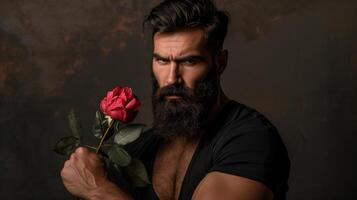 Intense Gaze of a Bearded Man Holding a Red Rose against a Moody Dark Background photo