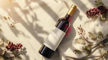 plano laico de un rojo vino botella con blanco etiqueta rodeado por eucalipto y bayas en natural luz de sol. foto