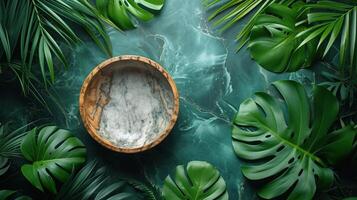 Lush monstera leaves over green marbled surface with wooden bowl. photo