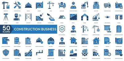 Construction Business icon set. Building, Renovation, Contracts, Construction Safety , Building Permit, Foundation Work and Plumbing vector