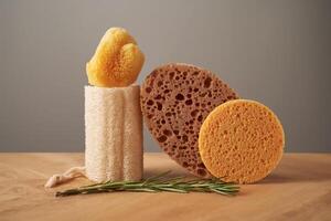 Composition of natural sponges and rosemary. photo