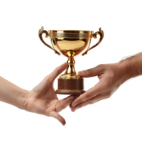 hands giving gold trophy on isolated transparent background png