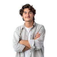 Satisfied young man with crossed arms gesture on isolated transparent background png