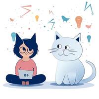 Brainstorming and creative imagination of cat and child vector