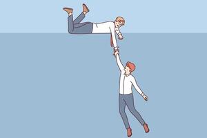Business man extends helping hand to colleague who is falling into abyss, showing support vector