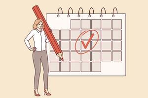 mujer es comprometido en negocio planificación y usos calendario a mantener cronograma, en pie con grande lápiz vector