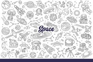 Space crafts and rockets roaming galaxy in search aliens from different planets. Hand drawn doodle vector