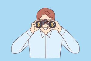 Man business detective monitors work of competitors through binoculars to increase corporate profits vector